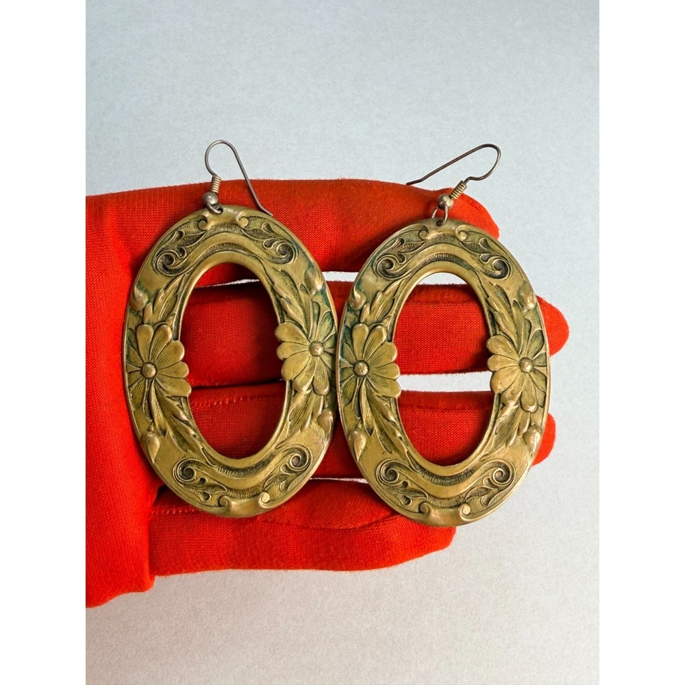 Art Nouveau Floral Open Oval Brass Dangle Earrings Statement Vintage
